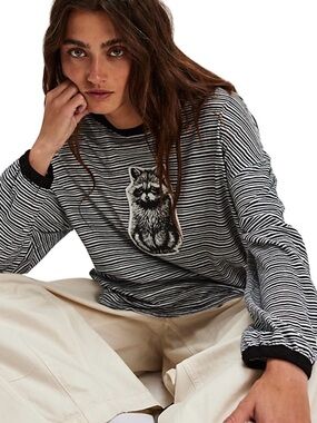 Free People Black & White Striped Long Sleeve Tee with Raccoon Patch